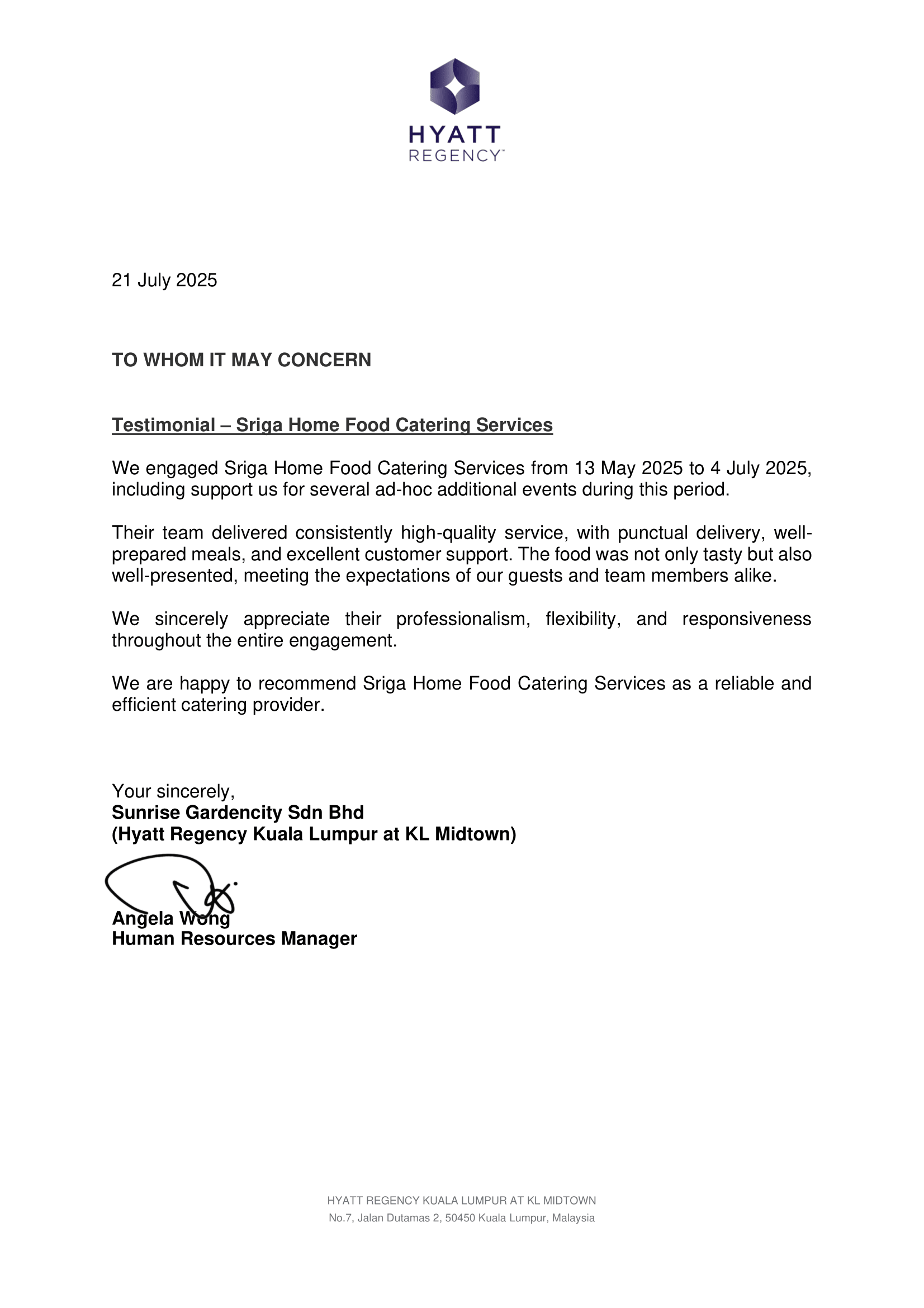 testimonial letter sriga home good catering services 1